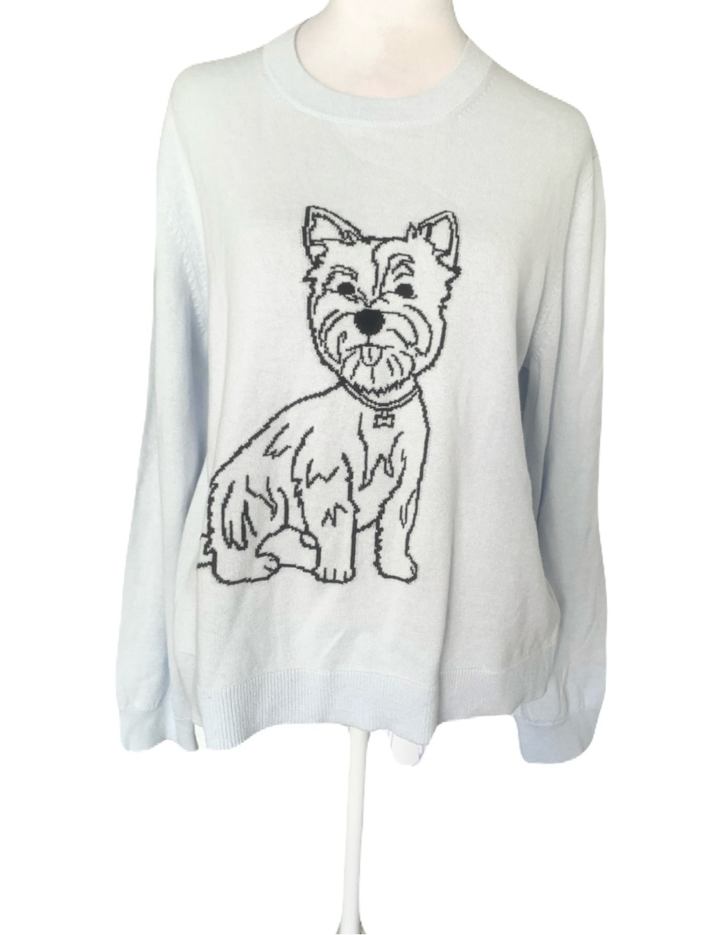 Alashan Women’s XL Light Baby Blue Crewneck Sweater with Navy Westie Dog Graphic